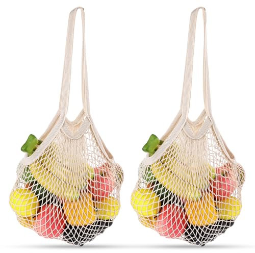 Jeffdad 2 Stück Einkaufstasche Wiederverwendbare, Netz Einkaufstaschen Baumwollseil Einkaufsnetz Produktbeutel Mesh Tasche Faltbar Netzbeutel für Obst Gemüse Einkauf Mark(Langer Griff)