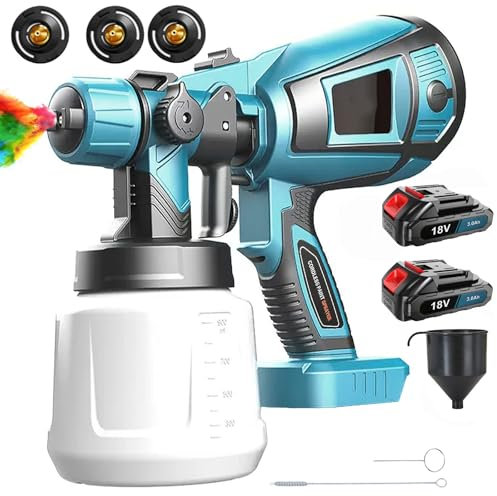 Akku Farbspritzpistole, Ersetzen für Makita 18V BL1830, mit 2X 3.0AH Akku, 18V Elektro Lackierpistole mit 1000 ML Farbbehälter, 3 Düsen und 3 Muster, für Zäune, Schränke, Wände, Decken