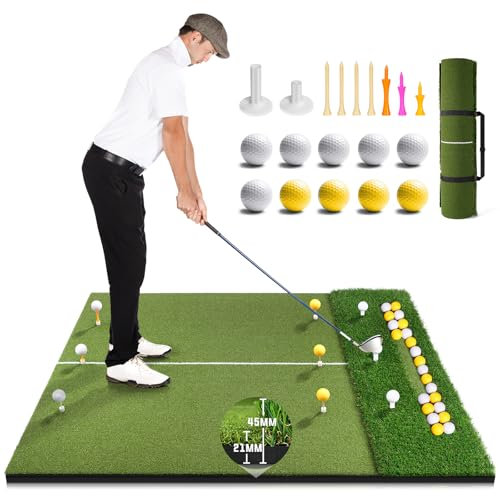 Golf Mat with Ball Tray, 5x4ft Dual Turf Golf Hitting Mats Practice Outdoor Indoor for Backyard Driving Range Simulator Mat, Golf Chipping Swing Training Aid Mat with 10 Golf Balls 9 Tees