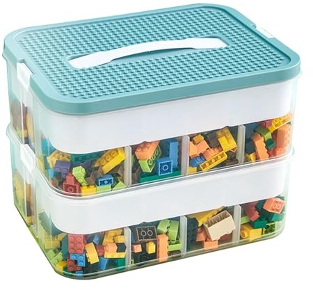 Kixolazr Building Blocks Storage Box, 2 Layers Child Toy Stackable Containers with Compartments, Containers Bins with Building Baseplate Lid, Toy Box for Building Bricks Dolls