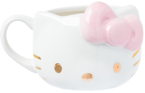 Silver Buffalo Sanrio Hello Kitty - Tazza in ceramica 3D scolpita con fiocco rosa chiaro e oro rosa, 590 ml