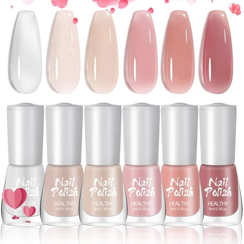 DMQ Jelly Nail Polish Sets, 6 Colors Sheer Milky White Nude Pink Nail Varnish Kit, Quick Dry Translucent French Manicure Glitter Nail Paint Gel for Women Nail Art DIY Home - No Need UV/LED Lamp