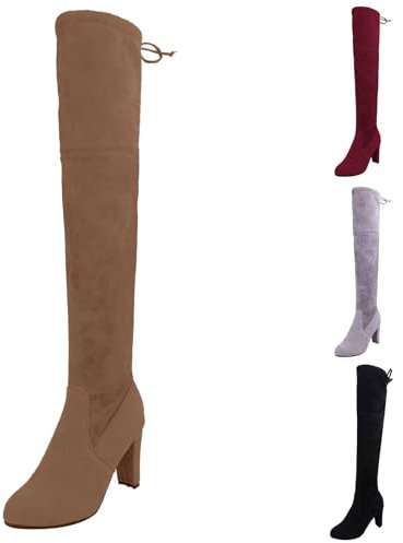 Stivali alti fino alla coscia da donna, lunghezza al ginocchio, stile casual, con tacco a spillo, in finta pelle scamosciata, stivali classici con lacci, impermeabili, stivali invernali da donna,