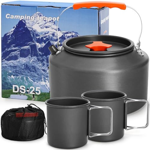 Nagpew 3 Pieces Camping Kettle, 2.5L Portable Camping Water Boiler with Storage Bag and 2 Cups, Coffee Tea Pot Set for Open Fire, Outdoor Activity, Stove, Hiking, Backpacking