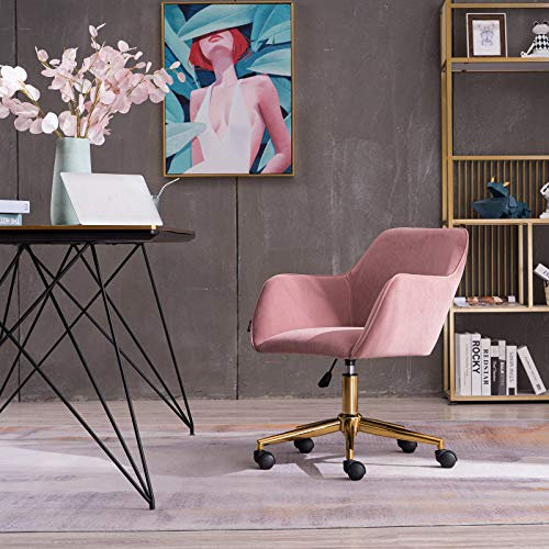 Chaise de bureau moderne en velours rose avec hauteur réglable à 360 ° et pieds en métal doré et roues universelles, élégante et confortable
