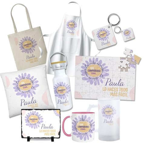 Kembilove® Regalo personalizado compañera trabajo mujer - Nombre y frase especial - Pack de tazas, botellas, puzzles, bolsas y más - Detalle bonito y emotivo para compañeras únicas