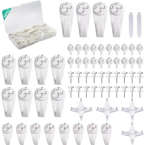 68 PCS Picture Hanging Hooks, Heavy Duty Picture Hooks No Nails for Hard Walls, Non-Trace Pictures Hook for Frame Fixing, Invisible Nail, 5-30 LBS Weight Load in Different Size and Style