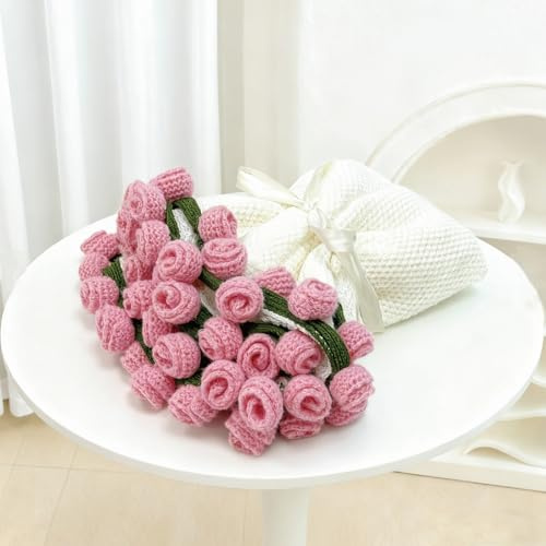 SoffMoiis 47-Inch Round Crochet Rose Flower Bouquet Blanket for Bed & Couch, Romantic Gift for Daughter Birthday, Valentine, Christmas,Mother's Day (Pink)