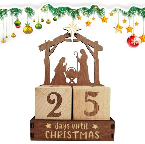 Geburts-Countdown-Kalender – 25-Tage-Weihnachtsständer aus Holz, bezaubernde Tischdekoration, Feiertagsdekoration | festliche Krippen-Szene für Wohnzimmerregal, Celebra