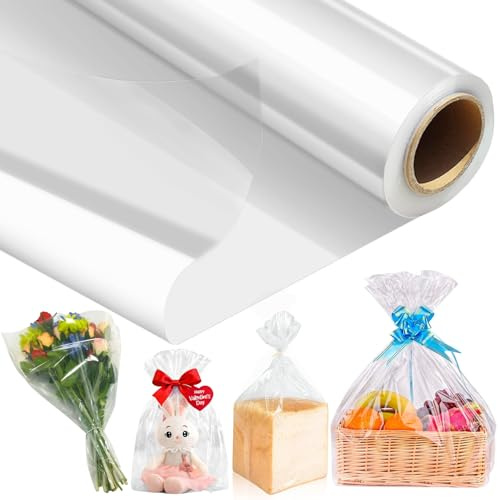 86 CM x 30 M Papier Transparent Emballage, 3 Mil Cellophane Emballage Transparent Papier Emballage Fleuriste, Papier Cadeau pour Fleurs, Artisanat, Bonbons, Paniers Cadeaux(86CM plié à 43CM)