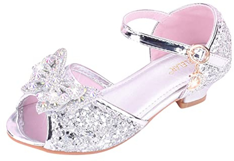 Scarpe per bambini con sandali lucidi scarpe da principessa arco tacchi alti mostrano scarpe da principessa stivali di gomma, argento, 28 EU