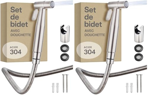 Praknu Kit Douchette WC Complet - Pulverisateur Bidet à Main avec Pomme de Douche pour Toilette, Tuyau - Acier inoxydable – Pour raccord standard G1/2 – Installation facile (argent) (Lot de 2)