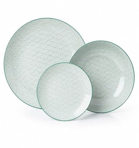 Cecaro Group Set Piatti 18 Pezzi in Ceramica Verde Acqua – Servizio Tavola Moderno con Fantasia Geometrica – 6 Piatti Piani 27 cm, 6 Fondi 20,5 cm, 6 Frutta 19,5 cm – Lavastoviglie e Microonde