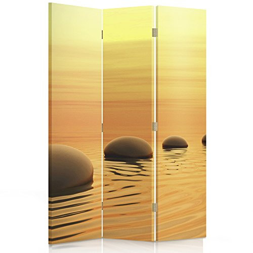 Feeby Frames. Raumteiler, Gedruckten auf Canvas, Leinwand Wandschirme, dekorative Trennwand, Paravent beidseitig, 3 teilig (110x180 cm), Steinen, Wasser, Natur, Landschaft, Zen, Sonne
