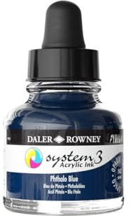 Daler-Rowney System3 Acrylic Ink, Glass Bottle with Dropper, Opaque, 1oz - 29.5 ml, Phthalo Blue