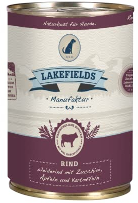 Lakefields Premium Hundefutter Nass | Rind 61% | 6 x 400g | Getreidefreies Nassfutter für Hunde | Natürliche Zutaten in Lebensmittelqualität | Äpfel, Zucchini & Karotten | Schonend gegart