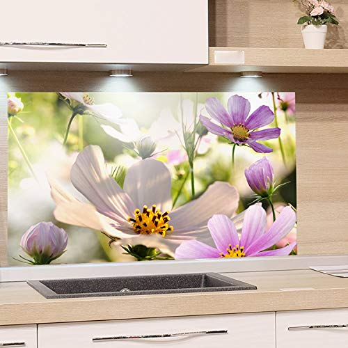 GRAZDesign Spritzschutz Küche Pflanzen Blumen - Küchenrückwand Glas Grün Lila Natur - Glasbild als Kunstdruck - Glasplatte / 80x60cm