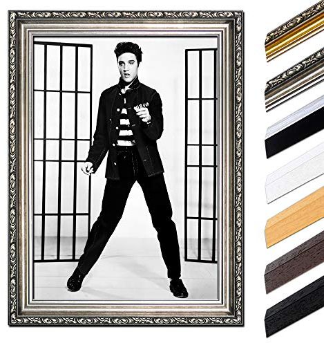 Bilderdepot24 Bild mit Rahmen - Elvis Presley II 85x110 cm - Gerahmtes Leinwandbild Berühmtheiten & Zeitgeschichte - Antiker Rahmen Silber Barock, Klassisch