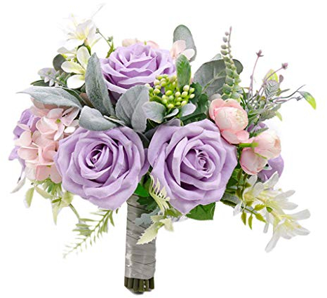 Fiwisora Brautschmuck, Hochzeitsstrauß, Stoff, blau, elfenbeinfarben, Rosen, Pfingstrosen, Brautschmuck, Hochzeit, Überwurf, Blumenstrauß für Hochzeit, Braut, Brautjungfer, Hochzeitsblume lavendel