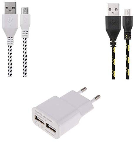 Pack Chargeur pour WIKO Y81 Smartphone Android Micro USB (2 Cables Tresse 3m + Prise Secteur Double USB)
