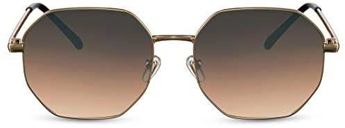 Cheapass Sonnenbrille achteckiger Festival Vintage Style, Goldmetall mit braunen Verlaufsgläsern Herren Damen UV400 geschützt