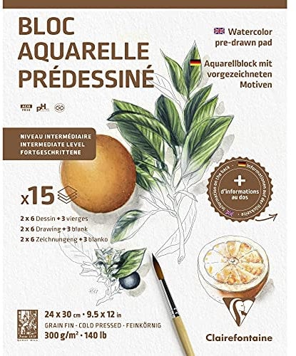 Clairefontaine 975726C Bloc Collé Aquarelle Prédessiné - 15 Feuilles Papier Aquarelle Blanc Grain Fin - 2x 6 Feuilles Prédessinées et 3 Feuilles Vierges - Thème Botanique - 24x30 cm 300g