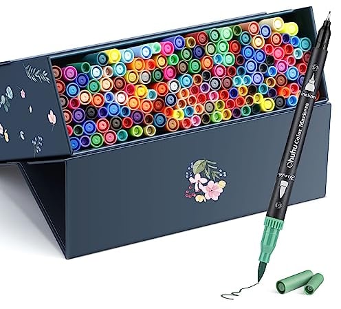 Ohuhu 160 Feutre Couleurs Coloriage Adulte, Aquarelle Stylos Feutres Double Pointe Fine et Pinceau pour Calligraphie Mandala Dessin Colorant, Maui – Boîte de Rangement
