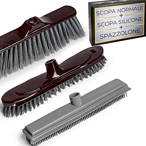 Kit 3 Scope: spazzolone per Pavimenti + Scopa in Silicone +Scopa Normale. Scopa in Silicone per Interni.Scopa per Esterno; Scopa saggina da Esterno.Scopa di Silicone-Scopa Gomma o Silicone