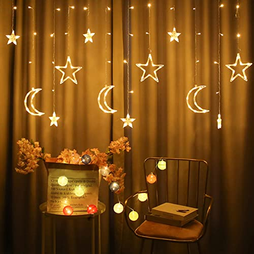 Haofy 126 LED Sternenlichter, Twinkle Star Moon Lichterkette mit 8 Beleuchtungsmodi, Vorhang Lichterketten für Ramadan Home Fenster Hochzeit Garten Weihnachtsdekoration