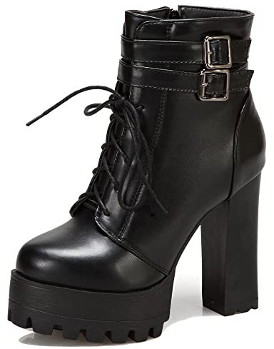 Lroey Reoly Stivaletti da Donna con Tacco a Blocco, Stivali da Combattimento Tacco Alto Punta Rotonda Polacchine Zip Plateau 248 Nero Numero 33 EU