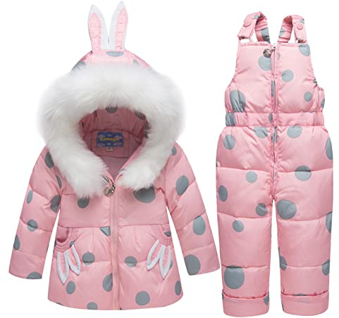 2 Pezzi Bambina Tuta da Neve per Bambini Piumino con Cappuccio Cappotto + Pantaloni da Neve Set da Sci Per Bambini 3-4 Anni Rosa