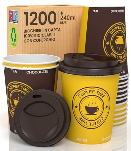 1200 Bicchieri Caffè ASPORTO in Carta 240ml con COPERCHIO Bevande Calde e Fredde come Tè Infusi Acqua Cappuccino sono Ecologici Biodegradabili Tazze Monouso Colorate + 1200 Coperchi con Beccuccio