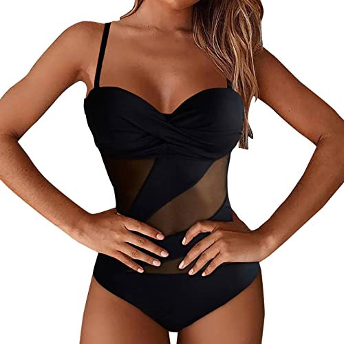 Damen Badeanzug Einteiliger Cut Out Sexy Bademode Swimsuit Push up figurformend Einteiler Mesh-Badeanzug Schwimmanzug V-Ausschnitt Schlankheits Sommer (Black, XL)