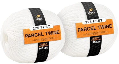Parcel Twine - Polyester Cord Twine String 225' - Extra Strong Thick White String Spool - Ties Easily and Securely- Packaging Rope, Lacing Cord, Braided Line for Craft Supplies and Packing 2 Pack