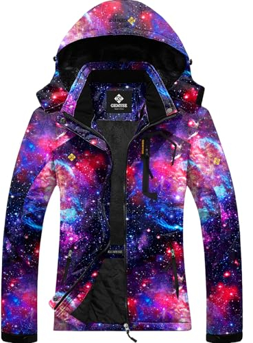 GEMYSE Damen Berg-Skijacke Wasserdicht Winddicht mit Kapuze Fleece Winter Outdoorjacke (Marineblauer Stern,M)