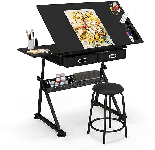 COSTWAY Zeichentisch mit Hocker, Architektentisch höhenverstellbar, Schreibtisch mit neigbarer Tischplatte, Schülerschreibtisch mit 2 Schubladen, Arbeitstisch für Architekt & Künstler (Schwarz)