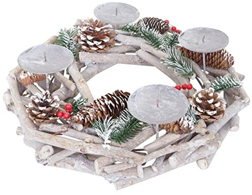 Couronne de l'Avent Ronde Table décoration Noël Bois Ø 35cm Blanc-Gris sans Bougies 04_0002567