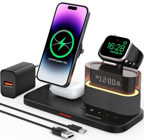 QUVFHE 5 in 1 kabelloses Ladegerät mit Wecker für Apple, Magnetischer kabelloser Ladeständer für iPhone 16/15/14/13/12, Apple Watch Series 10/9/Ultra 2/8/7/SE/SE2/6/5, Air-Pods 4/3/Pro 2/Pro/2