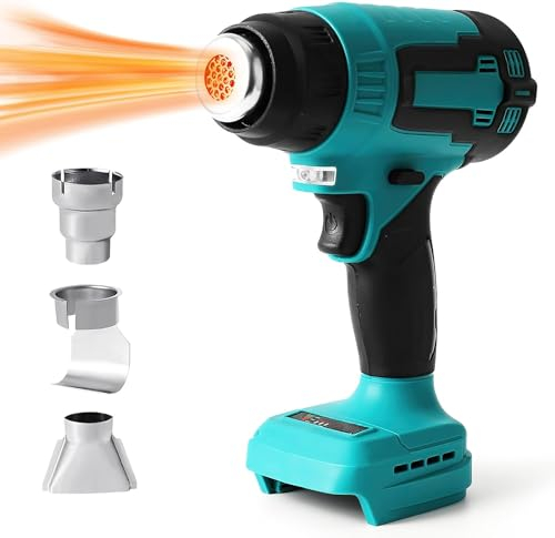 Pistola termica a batteria, compatibile con batteria Makita da 18 V (senza batterie e caricabatterie), 380 – 400 ℃, pistola ad aria calda professionale con 3 ugelli e illuminazione a LED, per