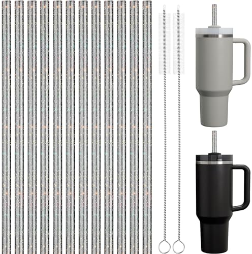 NiHome 12-Pack Glitter Replacement Straws for Stanley Tumbler 40OZ & 2 Cleaning Brushes Set, 12 Length BPA-Free Durable PETG Material for Various Beverages & Cups, Adds Sparkle to Your Drinks (Black)
