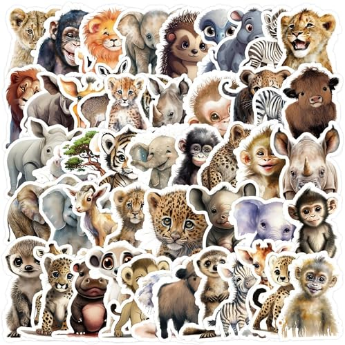 PRETTYSUNSHINE Tiere Sticker 50 Stück, Kawaii Löwe Tiger Elefant Aufkleber für Scrapbook Journal Fahrrad Koffer Helm Laptop Skateboard Auto Motorrad Stickerbomb Wasserfest Decals