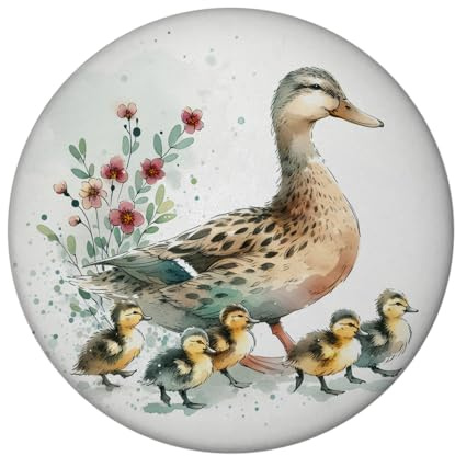 Ente mit Küken Magnet rund kleine gelbe Vogel Familie mit Federn am Wasser Teich