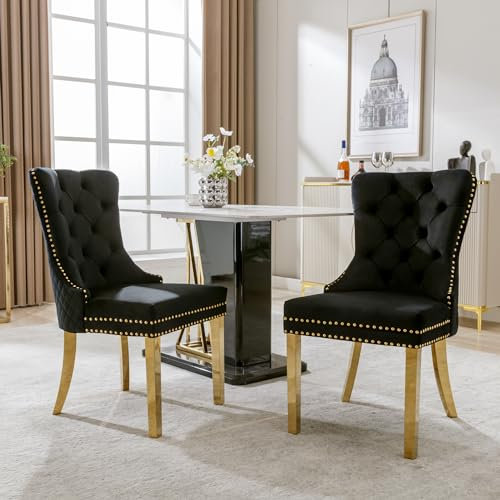 Merax Samt Esszimmerstühle 2er-Set Küchenstuhl Polsterstuhl Armlehnenstuhl Dining Chair bequemer Stuhl Esszimmer Wohnzimmer, Stützbeine aus vergoldetem Edelstahl Schwarz/Gold