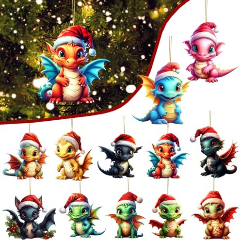 12 Stück Weihnachtsbaumschmuck, Weihnachtsdeko Dinosaur Anhänger, Weihnachtsbaum 2D Acryl Anhänger, Weihnachtsdeko Tier Anhänger, Weihnachtsdeko Anhänger