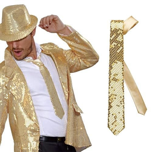NiceYnn Skinny Sequin Ties for Men, 2 Formal Weddings Tie, Glitter Sparkly Unisex Necktie Self Tied for Dance Halloween Cosplay Party Magic Show Stage Costume Choirs Groups Gold
