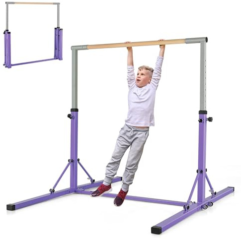 KOMFOTTEU Kinder Turnreck, Gymnastik Bar Gymnastikstange 13 stufig Höhenverstellbar, Reckstange Turnstange aus Stahl & Holz, Reck Stange zum Turnen für Mädchen Jugendliche, max 100kg | Robuste Bambusstange bis 120 kg Traglast, praktische Rollen integriert. Kompaktes Kinderturngerät für Indoor und Outdoor Nutz