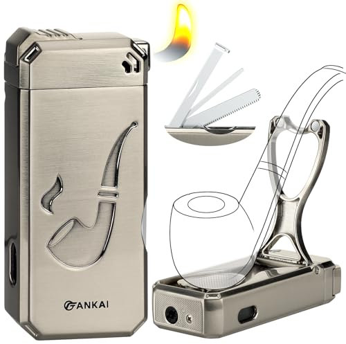 Briquet à pipe avec support de tuyau, outils de nettoyage 3 en 1, briquet au butane rechargeable avec flamme douce coudée, briquets à pipe pour fumer (butane non inclus) (argenté)