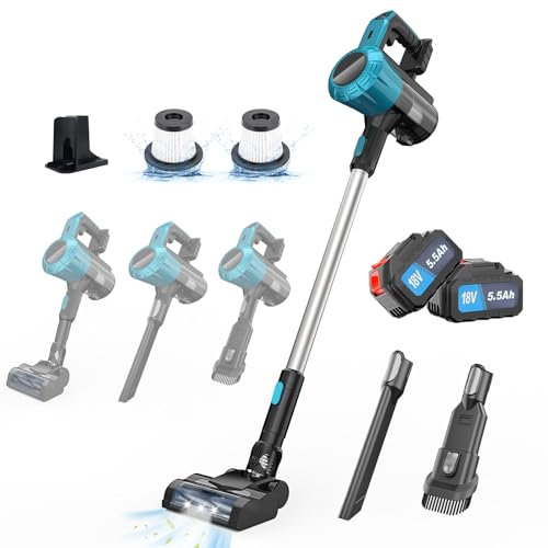 Psogpone Cordless Vacuum Cleaner for Makita, 45Kpa Cordless 18V Vacuum 550W Stick Vacuum, Lightweight Vacuum for Hard Floor Carpet Pet Hair (2 * 5500mAH Battery)