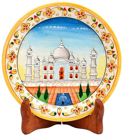 Marble Decorative Plate Traditional Indian Handpainted with Stand for Decoration Home Office Wedding Party Décor and Gifting(Taj Mahal)