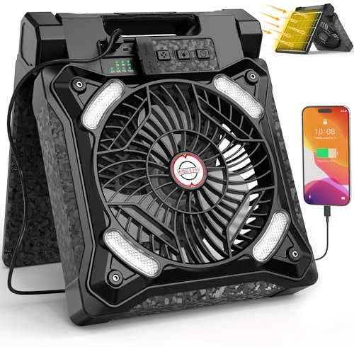 KITWLEMEN Upgraded Solar Camping Fan with Lantern - Rechargeable Battery Operated Fan, 36H Run Time Max, 4 Speeds, 8H Timer, 90° Adjustable Portable Desk Fan for Hurricane, Power Outage, Outdoor Use